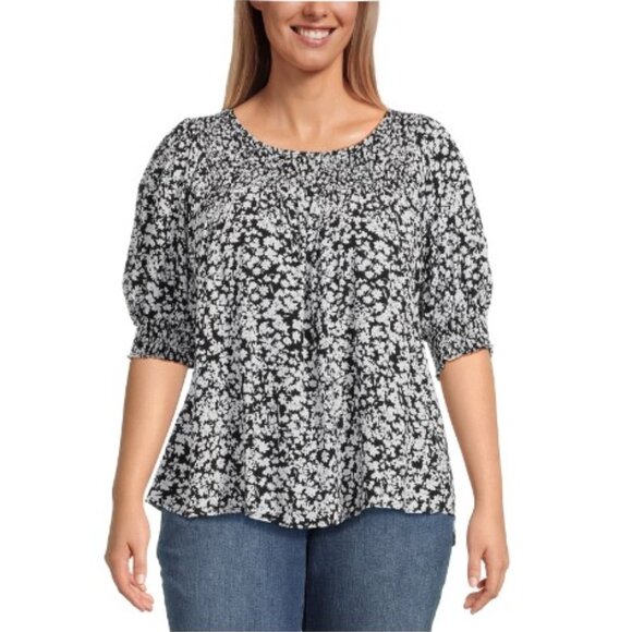 Terra & Sky Women’s Plus Size Smocked Blouse with Keyhole Back, SMALL DITSY FIE - Picture 1 of 5
